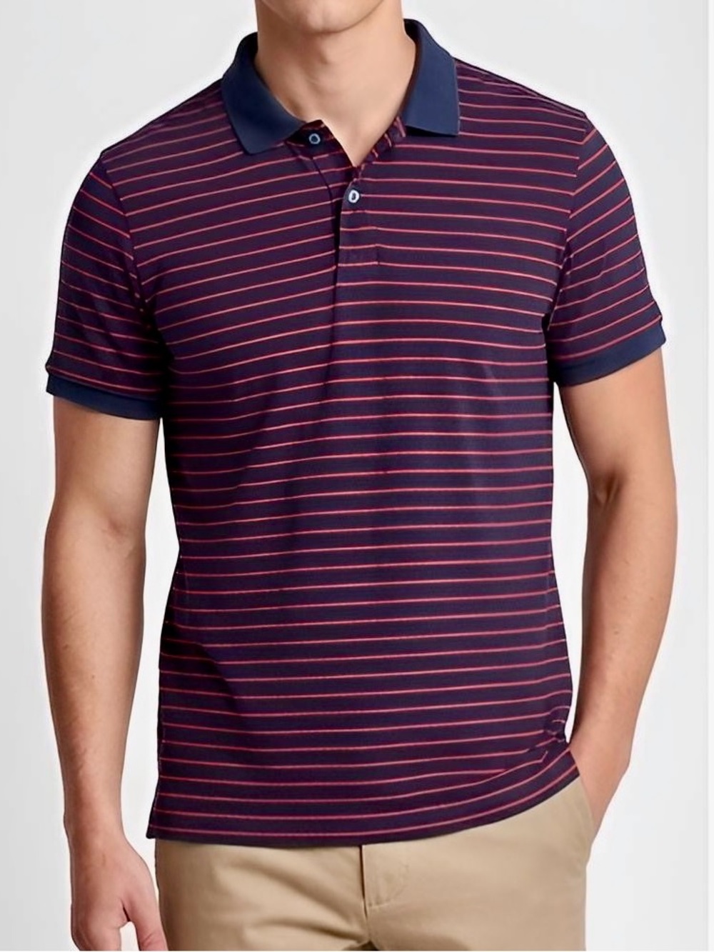 OLD NAVY Men’s Preppy Short Sleeve Navy Blue & Red Stripe Golf Polo Shirt